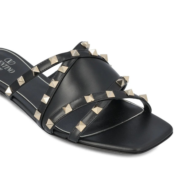 Valentino Rockstud Crisscross Strap Leather Black Slide Slip On Flat Sandal 40 - Picture 7 of 16